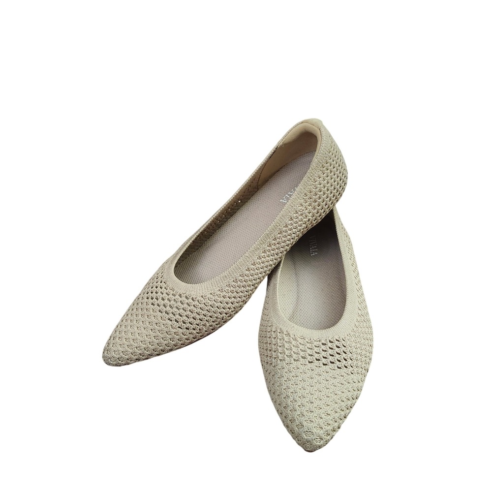 Vivaia Aria 5 Pointed Toe Ballet Flats Beige Knit Slip On Shoes Womens 37.5